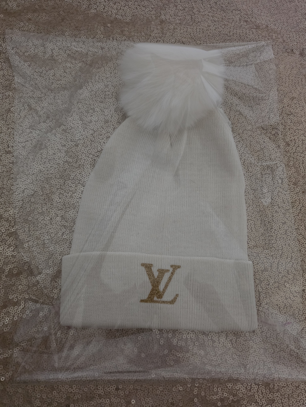 Faux Fur Pom Beanie with Gold Logo Accent